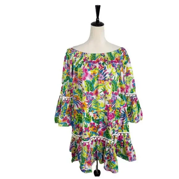NEW True Destinations Colorful Floral Printed Off Shoulder Cotton Dress Beach XL - Picture 1 of 7